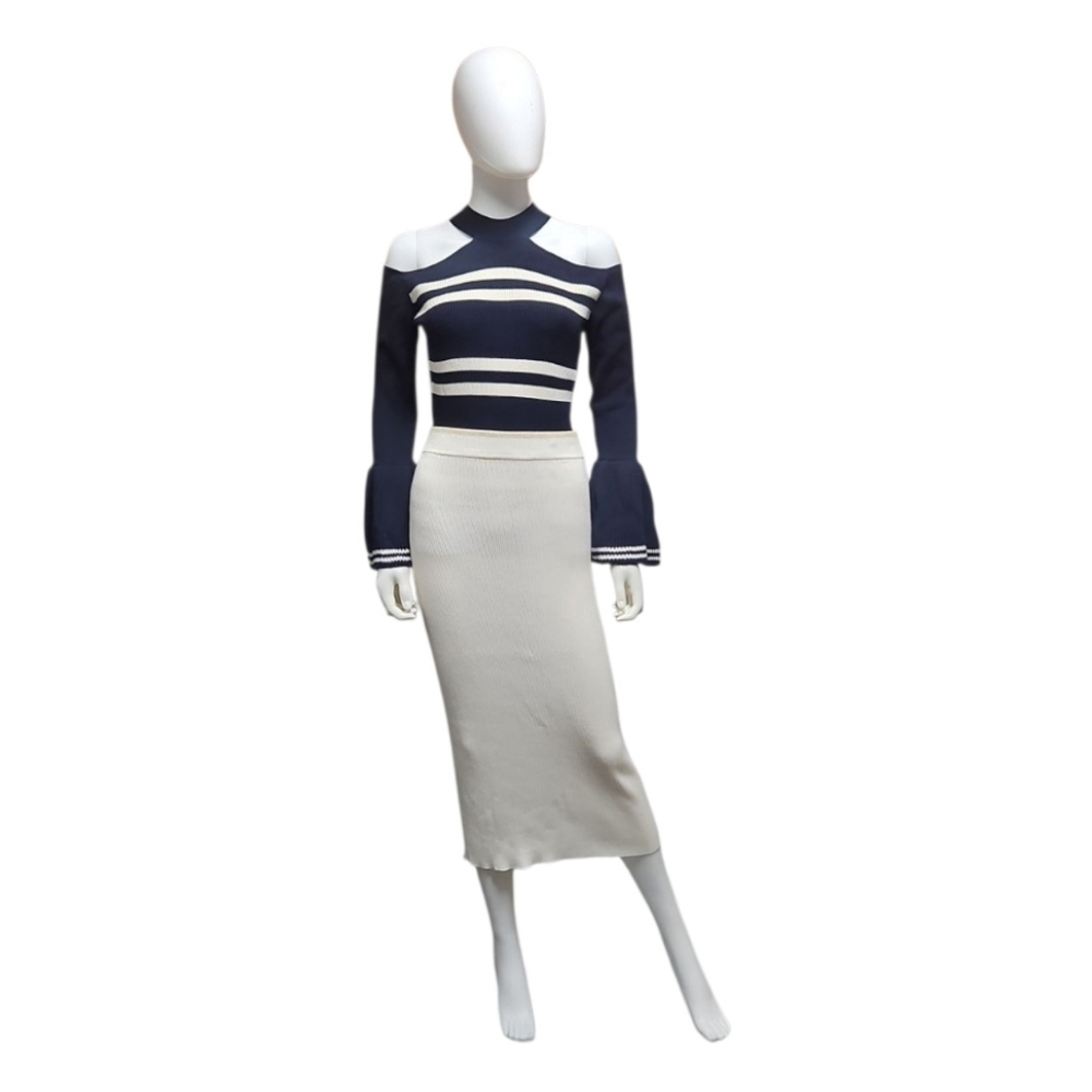 SELF-PORTRAIT | Cold Shoulder Striped Ruffle Sweater in Size Medium - Picture 2 of 9
